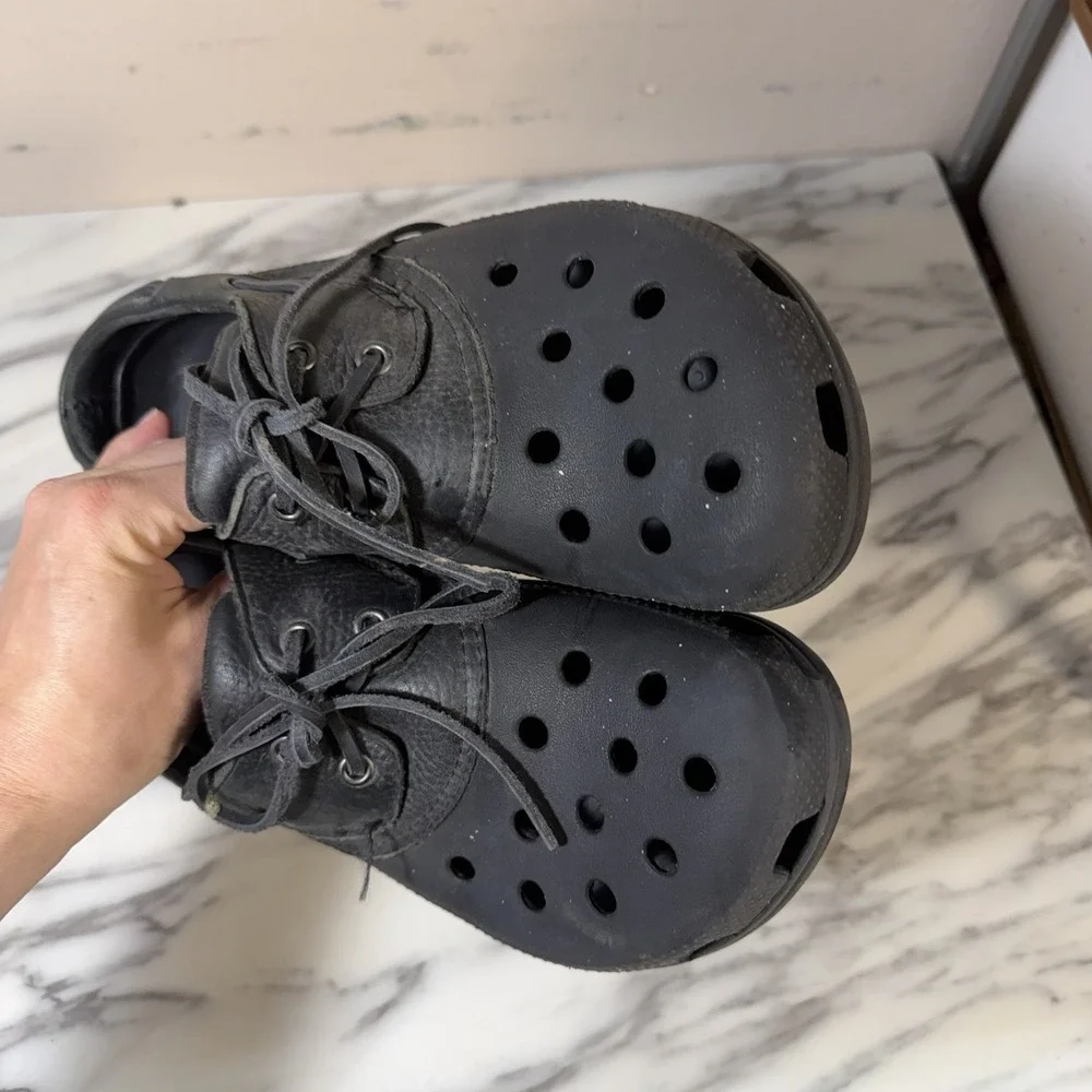 Crocs Islander Pitcrew Sport Boat Shoes Mens 9 Black Leather‎ Upper Lace Up